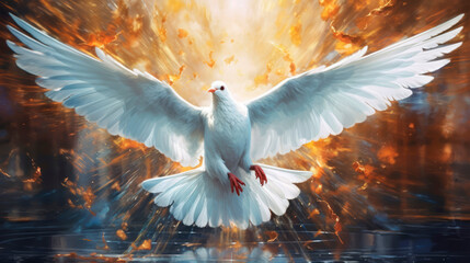 A white dove flies and to symbolise the Holy Spirit and Pentecost. Generative AI - obrazy, fototapety, plakaty