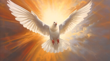 A white dove flies and to symbolise the Holy Spirit and Pentecost. Generative AI