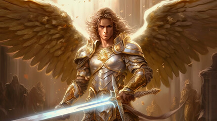 Archangel Michael leads the heavenly armies. Generative AI - obrazy, fototapety, plakaty