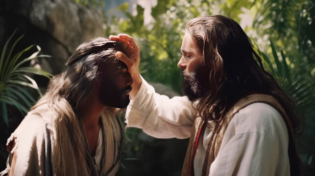 Jesus heals the sight of a man born blind. Generative AI
