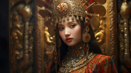Obraz premium A mesmerizing image of an oriental girl wearing a vibrant traditional costume, the rich colors and intricate details celebrating the heritage and craftsmanship of her culture Generative AI