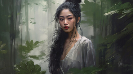 Fototapeta na wymiar A dreamlike portrait of an oriental girl in a misty forest, her radiant smile and serene gaze reflecting a deep connection with nature and her surroundings Generative AI