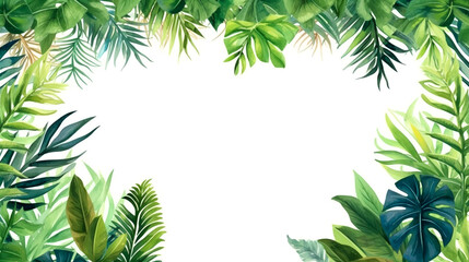 Naklejka na ściany i meble Frame from tropical green leaves on white background. Generative AI