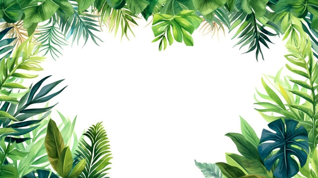Frame from tropical green leaves on white background. Generative AI