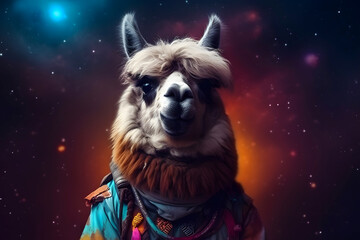 Obraz na płótnie Canvas of llama on vibrant eternity cosmos background, close up, Generative AI