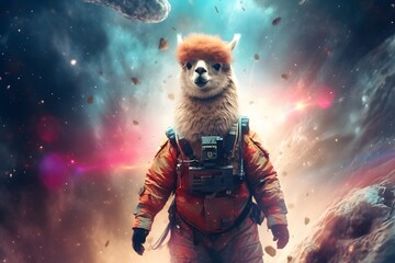 space astronaut llama on vibrant colorful cosmos background view, Generative AI