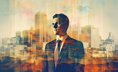 Fototapeta premium A business man in a suit, in the style of double exposure. Generative AI