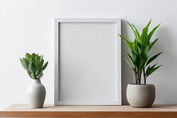Empty horizontal frame mockup in modern minimalist interior with plant in trendy vase on white wall background. Template for artwork, painting, photo or poster | Generative AI