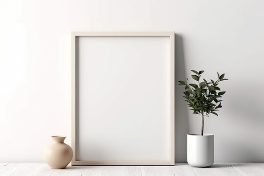 Empty horizontal frame mockup in modern minimalist interior with plant in trendy vase on white wall background. Template for artwork, painting, photo or poster | Generative AI
