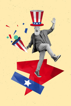 Vertical collage of overjoyed black white effect grandfather big uncle sam symbolic hat isolated on beige background