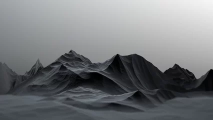 Foto op Plexiglas Black mountains in blur.Abstract mountain landscape black and gray,minimalistic gloomy. Black stone relief rocks. 3D render. © Binkontan