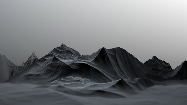 Black mountains in blur.Abstract mountain landscape black and gray,minimalistic gloomy. Black stone relief rocks. 3D render.