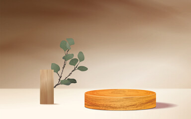 Minimal Fashion Theme: Brown Wooden Round Cylinder Podium on Orange Background - Geometry Exhibition Stage Mockup Concept