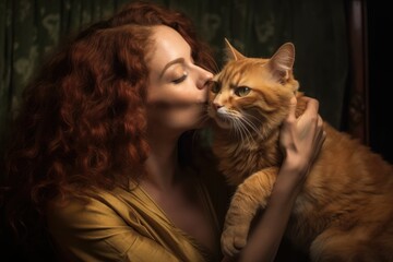 A photo of a woman tenderly kissing and hugging her cat. Generative AI