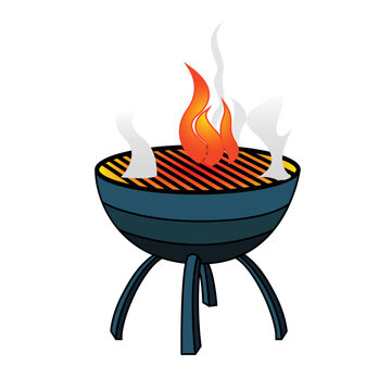 Charcoal Grill BBQ Machine Vector Illustration, Barbecue Grill With Fire Flat Style Image