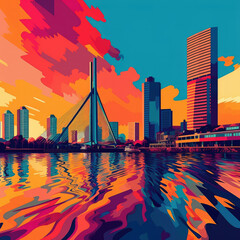 Skyline of Rotterdam in GTA style, vivid colors