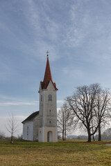 Fototapeta na wymiar The church of St.Urh on a misty morning, located in Vihre near Krsko, Posavje, Slovenia