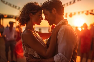 A close - up shot of a couple passionately dancing at a beach club. Generative AI