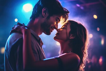 A close - up shot of a couple passionately dancing at a night club. Vibrant Colors. Generative AI