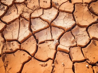 Dry cracked land in a desert, in the style of terracotta, environmental awareness. Generative AI