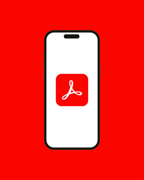 Kyiv, Ukraine - 13 June 2023: Adobe Acrobat logo on the smartphone iPhone 14 screen with red background. Acrobat is a software developed by Adobe Inc. 1993 to view, create, print and manage PDF files.