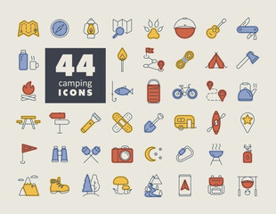 Camping, Hiking and Outdoor Activities icons set