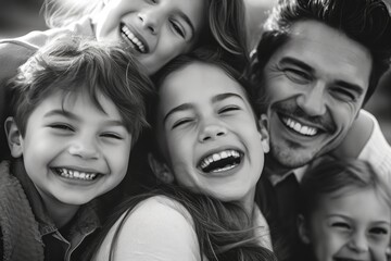 Fototapeta premium A close - up photo of a beaming American family huddled together, their faces filled with joy and laughter. Generative AI