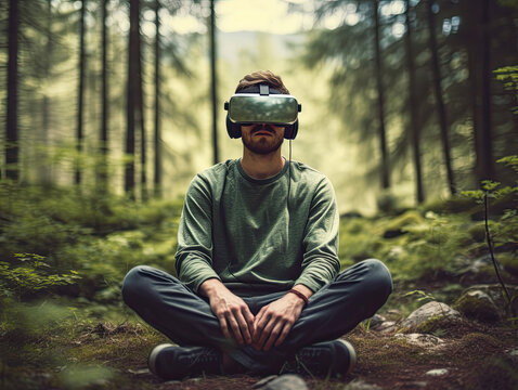 A man sits on the ground in a forest and looks through VR glasses. Concept motif for virtual reality in real nature.