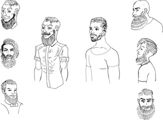 Man Portrait Simple Sketch Model Face For Barbershop Logo Men's Goods Design. Guys of different ages freehand drawing in one linesimple sketch minimalism. People in everyday life