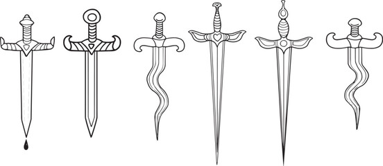 Vector line art dagger design set heroic knife icon symbol contour images Decorated sword weapon illustration Traditional Tattoo Sketch. Clip art game, kids adventure book, logo epic old school style