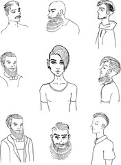 Man Portrait Simple Sketch Model Face For Barbershop Logo Men's Goods Design. Guys of different ages freehand drawing in one linesimple sketch minimalism. People in everyday life