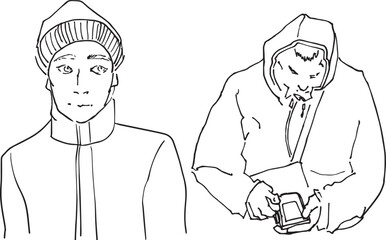 Linear drawing men set of illustrations hand drawn black contour silhouette of fat man in jacket looking at phone playing game. Modest young attractive man in a winter knitted hat