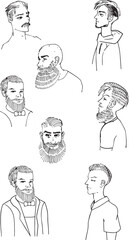 Man Portrait Simple Sketch Model Face For Barbershop Logo Men's Goods Design. Guys of different ages freehand drawing in one linesimple sketch minimalism. People in everyday life