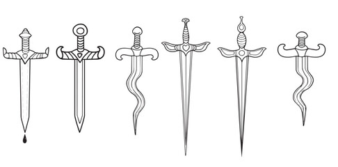 Vector line art dagger design set heroic knife icon symbol contour images Decorated sword weapon illustration Traditional Tattoo Sketch. Clip art game, kids adventure book, logo epic old school style