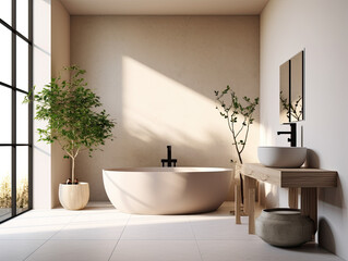 Realistic interior design bathroom with bathtub. modern minimal design. Generative AI