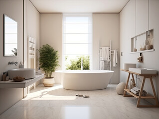 Naklejka na ściany i meble Realistic interior design bathroom with bathtub. modern minimal design. Generative AI