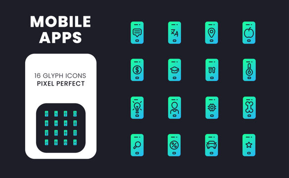 Mobile apps blue solid gradient desktop icons. Smartphone software. Market analytics. Online tools. Pixel perfect, outline 4px. Glyph pictograms kit for dark theme. Isolated vector images