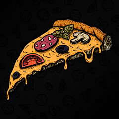 Cartoon pizza illustration slice hand draw square on black background.
