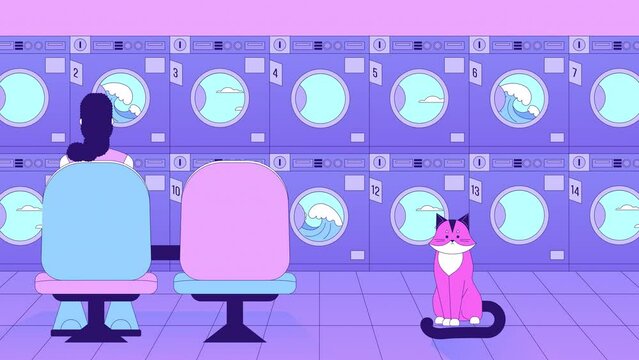 Waiting laundry lo fi animation. Housework laundromat. Woman in launderette with cat. Animated 2D cartoon characters. Chill lofi music 4K video vaporwave background, alpha channel transparency