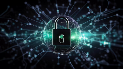 Lock icon for cyber security of digital data, futuristic holographic padlock, Online privacy, Secure internet icon. Generative AI.