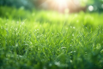 Obraz premium A grassy field with sun rays behind it. Generative AI