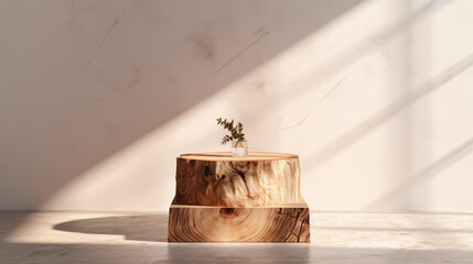 Wooden product display podium for natural product. Empty scene with mixed plants . Generative ai