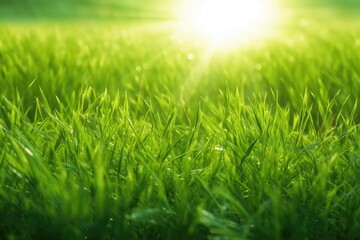 Fototapeta premium A grassy field with sun rays behind it. Generative AI