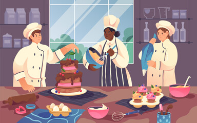 Vector image of confectioner chef with cake. Flat