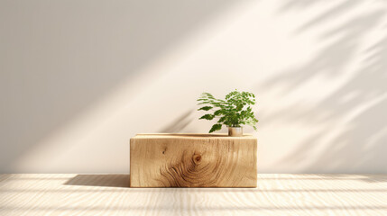 Wooden product display podium for natural product. Empty scene with mixed plants . Generative ai