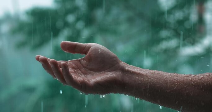 Cinematic shot of raindrops falling on man's hand during the raining on green nature on background. Male hand catching raindrops in nature. Male hand under falling rain waters, slow motion, close up