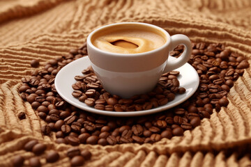 Obraz na płótnie Canvas a glass of hot coffee and coffee beans