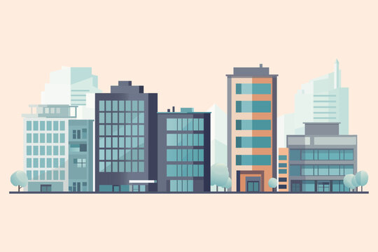 Cityscape with tall skyscrapers and office buildings. Isolated business district. Vector illustration.