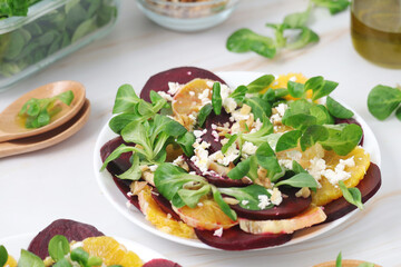 Beetroot and oranges fresh vegetarian salad