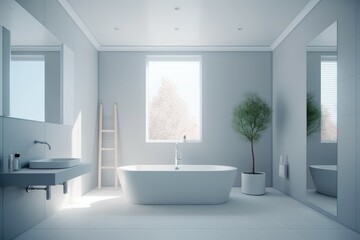 Fototapeta na wymiar modern white bathroom, minimal style, contemporary design with natural light, generative AI